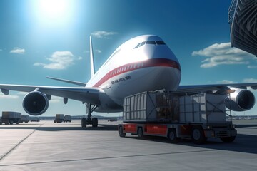 Loading process of a cargo plane at the airport. A cargo trolley delivering cargo to the jet on the airfield. Global freight transportation, airmail and logistics concept. 3D illustration.