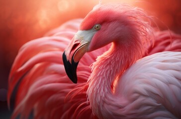 Obraz premium Exquisite Feathers in a Dance of Light, Close Up of a Pink Flamingo Under Backlight, Nature's Golden Ratio, Generative AI