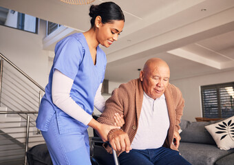 Happy woman, man in wheelchair and support in nursing home for medical service, physical therapy...