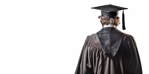 Young male wearing a square academic cap and study gown, viewed from the back and on an isolated background. Generative AI