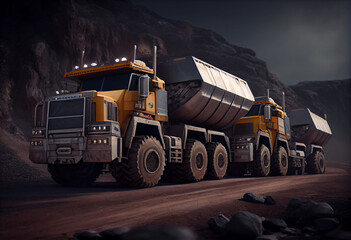 Mining dump trucks transporting ore for processing. AI generative.