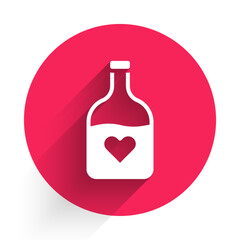 White Bottle with love potion icon isolated with long shadow background. Happy Valentines day. Red circle button. Vector