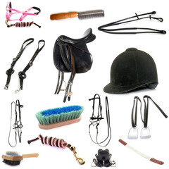 equipments of horse riding in front of white background