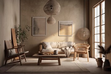 Background of a modern nomadic home decor in warm beige tones,. Generative AI