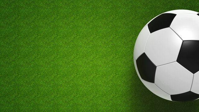 Football ball on grass, represents football championship, three-dimensional rendering, 3D illustration