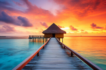 Wooden jetty leading to the luxury bungalow. Maldives or Seychelles. AI generative.