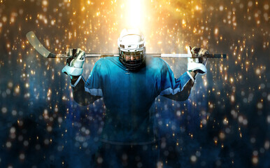 Ice hockey player in fire. Download high resolution photo. Icehockey athlete in the helmet and...