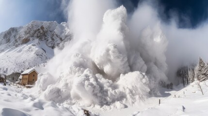Scary picture of a natural epic phenomenon an avalanche which is about to take away a hut. Generative AI 4