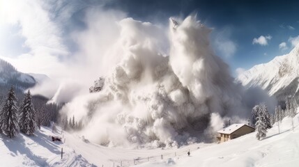 Scary picture of a natural epic phenomenon an avalanche which is about to take away a hut