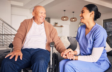 Happy nurse helping man in wheelchair with medical trust, therapy and support in retirement home. Patient with disability, caregiver and woman smile with empathy for rehabilitation service in nursing