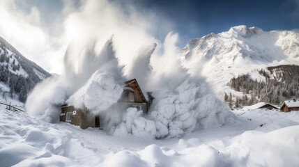 Scary picture of a natural epic phenomenon an avalanche which is about to take away a hut. Generative AI 6