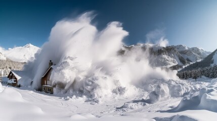 Scary picture of a natural epic phenomenon an avalanche which is about to take away a hut. Generative AI 