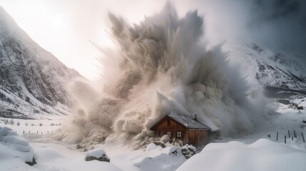 Scary picture of a natural epic phenomenon an avalanche which is about to take away a hut. Generative AI 11
