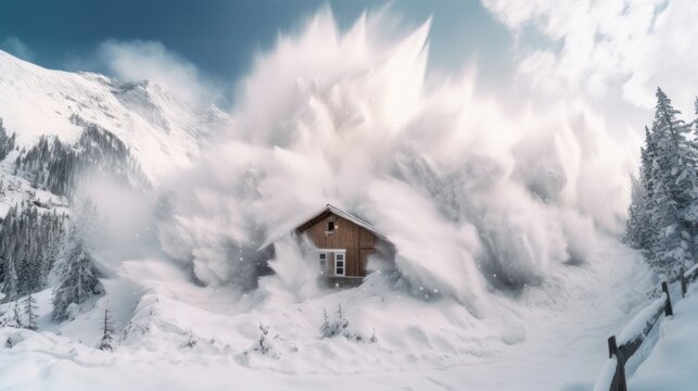 Scary picture of a natural epic phenomenon an avalanche which is about to take away a hut. Generative AI 8