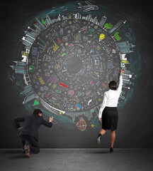 Business team drawing a new complex project on wall