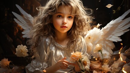 portrait fun little girl angel with wings,angel with wings, ai generative