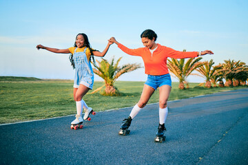 Roller skates, holding hands and friends on street for workout, exercise or training outdoor. Skating, happy people and girls together for sports on road to travel, journey and moving for fitness.
