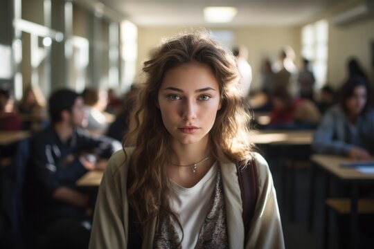 Female student young woman girl in class university high school college classroom after lesson lecture education studies study learning teen pupil knowledge looking at camera sad stressed lonely upset