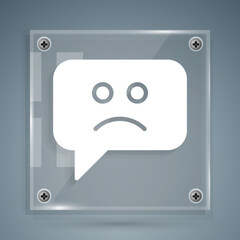 White Sad smile icon isolated on grey background. Emoticon face. Square glass panels. Vector