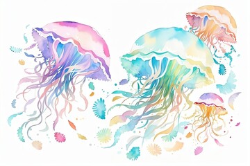 Fototapeta na wymiar Watercolor illustration of sea jellyfish. Created with Generative AI technology. 