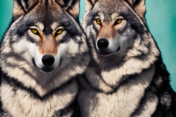 Portrait of wolves in fashion magazine style. Generative AI