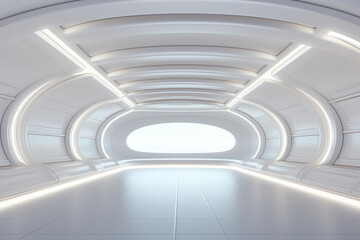 Futuristic 3D rendering of the hall room, empty spacious room. AI generated.