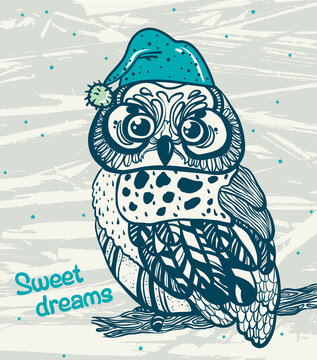 Graphic owl with blue night cap sitting on a branch. Sweet dreams. Cartoon vector illustration.