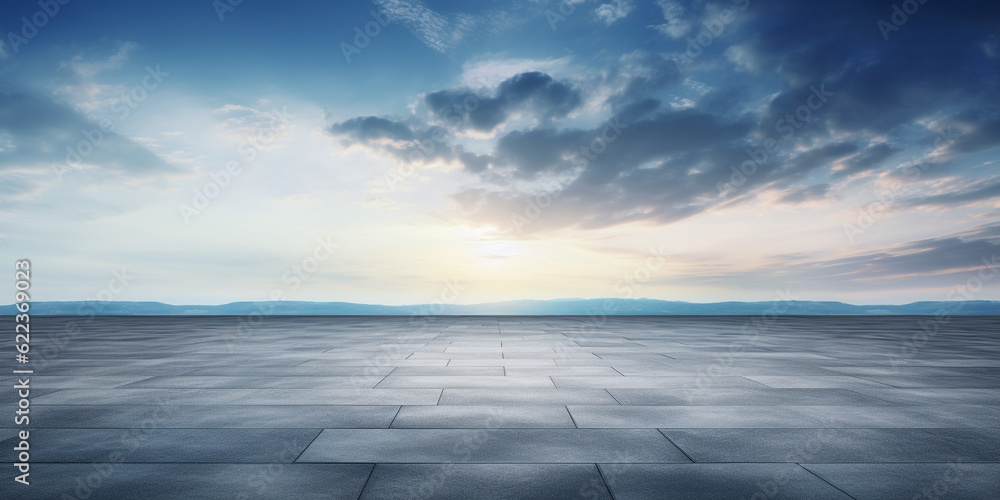 Wall mural the horizon and the cloudy sky as a background, in the foreground an empty square. ai generated.