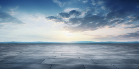 The horizon and the cloudy sky as a background, in the foreground an empty square. AI generated.