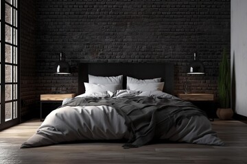 Black bed in interior bedroom with white sheets and pillows. timber floor and a wall of white brick. Generative AI
