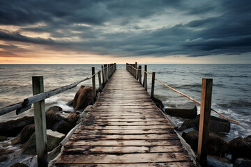 Fototapeta premium The wooden jetty leads far out to sea. AI generated.