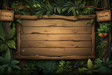 Wooden board pointer. Blank sign board in tropical jungle. AI generated.