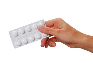 Hand hold aspirin pills blister isolated on transparent layered background. - 622369627
