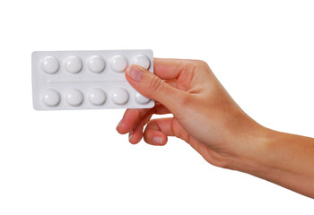 Female hand holding aspirin pills blister isolated on transparent layered background.