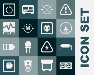 Set Electrical outlet, Resistor electricity, Ampere meter, multimeter, voltmeter, circuit scheme, measuring instruments, light switch and icon. Vector