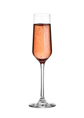Glass of pink rose champagne with bubbles on white background isolated