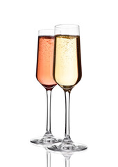 Glasses of pink  and yellow champagne on pink with bubbles on whitebackground