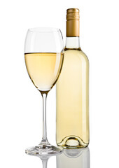 Bottle and glass of white wine with reflection on white background