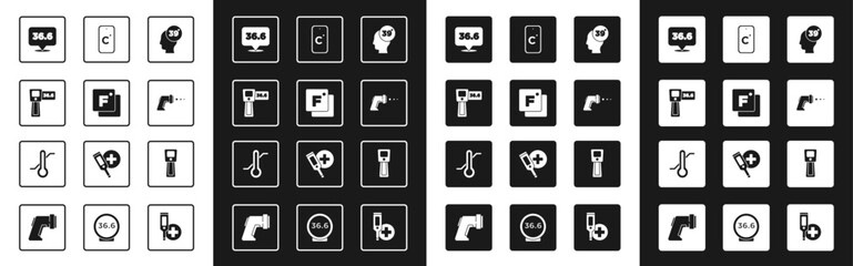 Set High human body temperature, Fahrenheit, Digital thermometer, Medical, Celsius, and Meteorology icon. Vector
