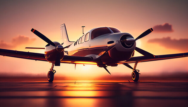 A small private plane is sitting on the runway at sunset or dawn Ai generated image 