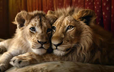 Close-up portrait of a lion and a lioness in love created with Generative AI technology