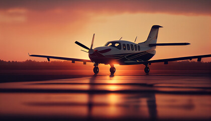 Fototapeta na wymiar A small private plane is sitting on the runway at sunset or dawn Ai generated image 