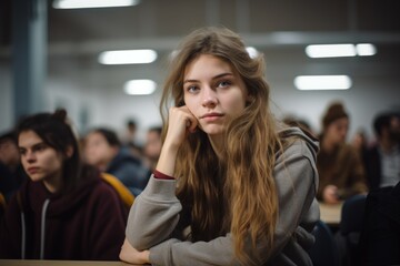 Female student bored sleepy Caucasian woman tired sad stressed girl in class teen pupil teenager lady in university high school college classroom during lesson boredom lecture education study learning