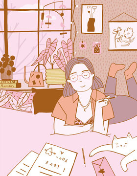 an illustration of a person lying on the bed writing love letters