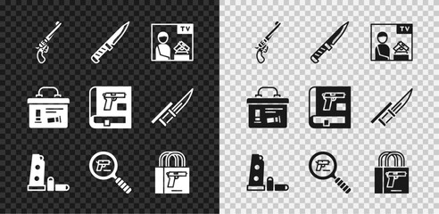 Set Revolver gun, Military knife, Advertising weapon, Gun magazine and bullets, Pistol or search, Buying pistol, ammunition box and Book with icon. Vector