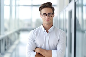 Young businessman wearing glasses and a white shirt with arm crossed, created with Generative Ai Technology