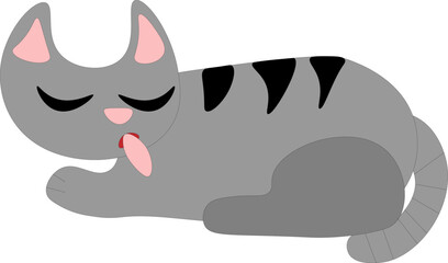 Gray cat licks itself, child's drawing