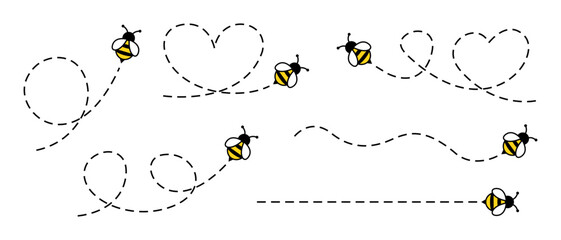 Flying bee illustration set. Cartoon buble bee icon. Vector bee illustration. - obrazy, fototapety, plakaty