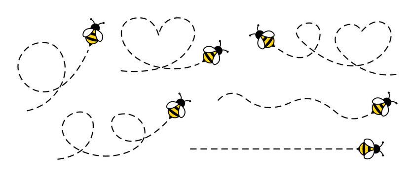 Flying bee illustration set. Cartoon buble bee icon. Vector bee illustration.