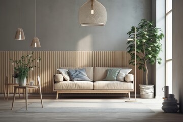 Bright contemporary living room on laminated wood with a beige sofa, a lamp on the wall, and a green plant. Background of pleasant interior with Scandinavian design. Mockup of a stylish, bright space